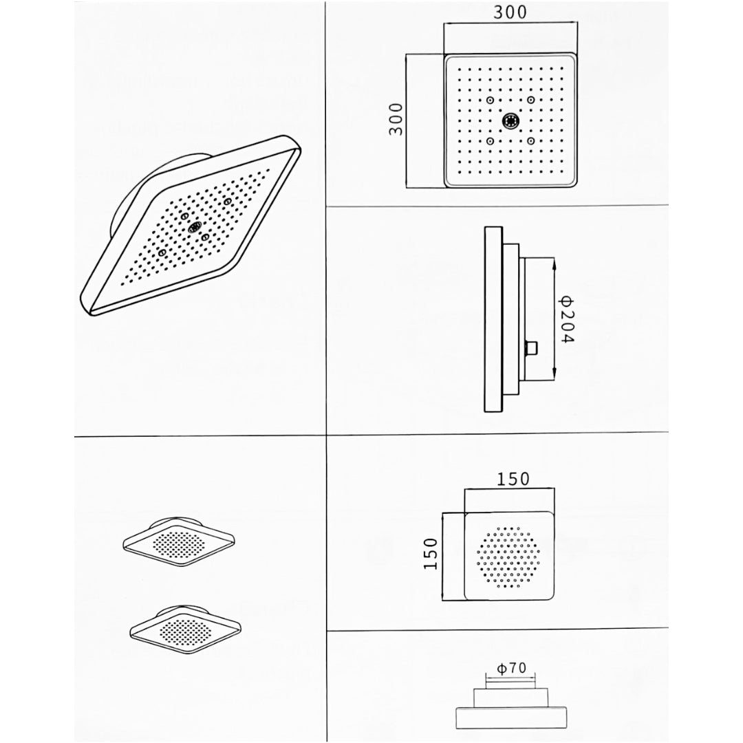 Soffione doccia ad incasso nero opaco quadrato cm 30x30 centimetri a pioggia *** tinta nero, confezione 1