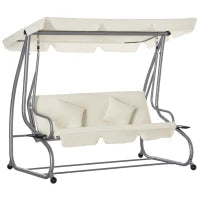 Dondolo Letto da Giardino 3 Posti con Tetto Regolabile e 2 Portabicchieri, 200x120x164 cm, Crema