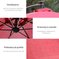 Ombrellone da Giardino a Braccio Ø3x2.4  m con Manovella e 8 Strisce LED a Energia Solare, Rosso scuro