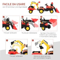 Ruspa Giocattolo a Pedali, Escavatore Cavalcabile per Bambini con Pale e Volante, 179x42x59cm Multicolore