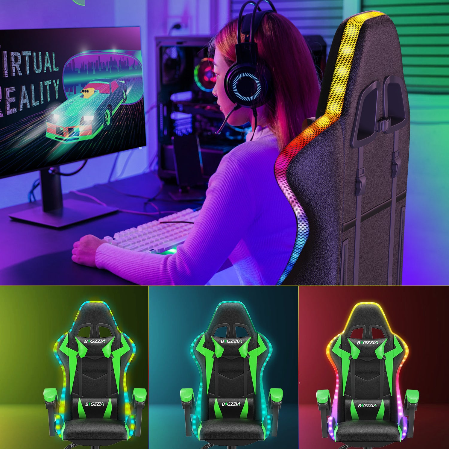 Sedia Gaming RGB LED - RATTANTREE - Sedia poltrona da gaming per ufficio videogiochi reclinabile - sedia gaming ergonomica in Pelle Pu - con Poggiatesta - Verde