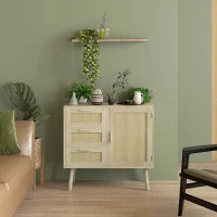 Mobile Multiuso Stile Boho con Armadietto e 3 Cassetti in Legno e Rattan, 80x36x75cm, Rovere