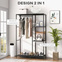 Mobile da Ingresso con Appendiabiti da Terra e Scarpiera, in Acciaio e Truciolato, 110x45x169.5 cm, Nero