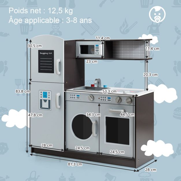 Cucina per bambini in legno con suoni vero fornello giocattolo con forno a microonde frigorifero ecc. da 3 a 8 anni 20_0006449