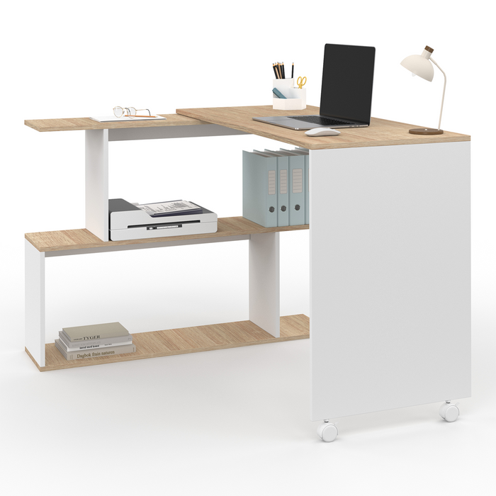 IDMarket - JOY Scrivania angolare girevole a 180° Scaffale a S in legno effetto faggio e bianco