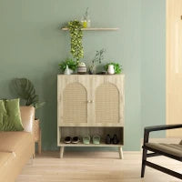 Mobile Multiuso in Stile Boho con Ante in Rattan e Ripiano Aperto, 80x38x100cm, Rovere