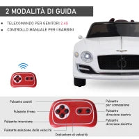 Macchina Elettrica per Bambini Bentley GT 6V, con Doppi Motori, Auto Elettrica per Bambini con Telecomando, Clacson, Suoni, Fari e 2 Portiere Apribili, 2.5-5 km/h, per 3-5 Anni, Bianco