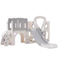 Scivolo per bambini con altalena, piattaforma, armadietto,gioco di perforazione, canestro basket e scala,Grigio+Bianco