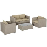 Set 4 Pz Salotto da Esterni in Rattan con 1 Divano, 2 Poltrone e 1 Tavolino, Kaki e Beige