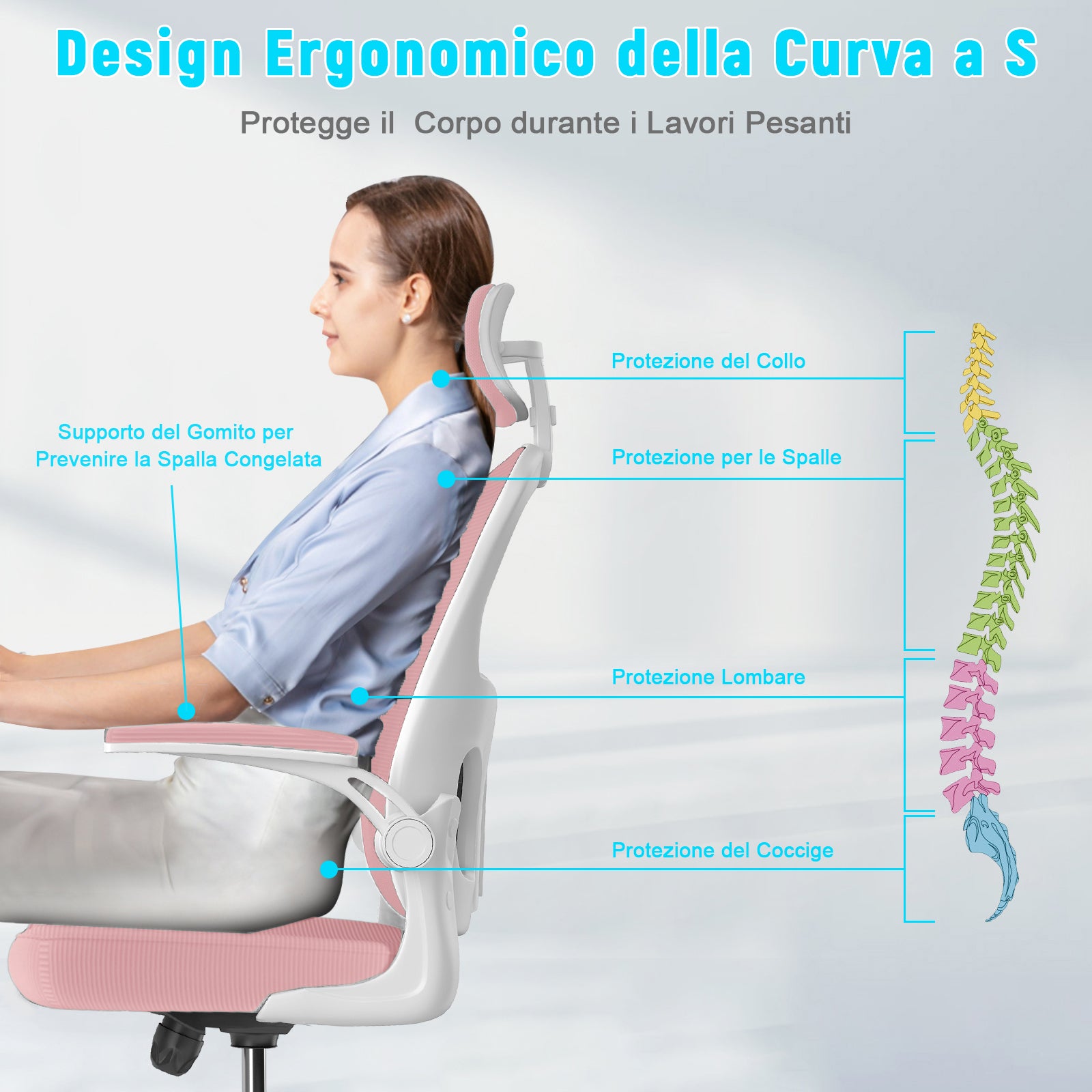 Sedia ufficio ergonomica - RATTANTREE  - Sedie da scrivania con Supporto Lombare e Poggiatesta Regolabile - Rosa