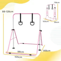 Sbarra Ginnastica Artistica per Bambini ad Altezza Regolabile con 2 Anelli, in Acciaio, 148x105x88-128 cm, Rosa