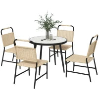 Set da Giardino con Tavolo in Vetro Effetto Marmo e 4 Sedie in Rattan, Colore Cachi