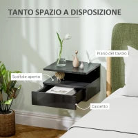 Comodino Sospeso per Camera da Letto con Cassetto e Ripiano Aperto in Legno, 35x32x22.5 cm, Nero Lucido