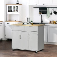 Carrello da Cucina Multiuso in Legno con 2 Cassetti, 3 Antine e 4 Ruote 121x46x91cm, Grigio
