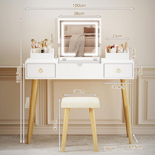 Mobili toeletta con Specchio e Sgabello - RATTANTREE - Toeletta con specchio pieghevole scandinavo - 3 modalità di illuminazione