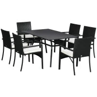 Set da Giardino 7 Pezzi in Rattan PE con Tavolo da Pranzo 150x90x72 cm e 6 Sedie 58x62x87 cm con Cuscini