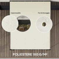 Pergola Addossata Ricurva con 16 Fori di Drenaggio, in Metallo e Poliestere, 248x298x200/250 cm, Bianco Crema