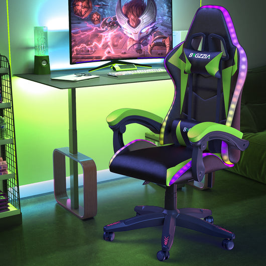 Sedia Gaming RGB LED - RATTANTREE - Sedia poltrona da gaming per ufficio videogiochi reclinabile - sedia gaming ergonomica in Pelle Pu - con Poggiatesta - Verde