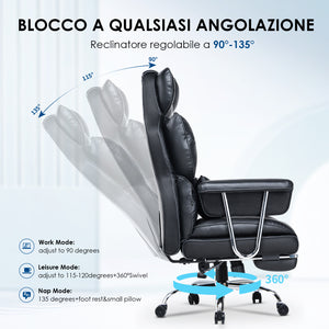 Sedia da Ufficio - RATTANTREE - Poltrona presidenziale - Sedia Girevole con Schienale Alto in Pelle, con Poggiatesta, Bracciolo e Poggiapiedi Retrattile - Nero