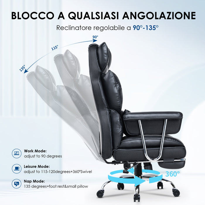 Sedia da Ufficio - RATTANTREE - Poltrona presidenziale - Sedia Girevole con Schienale Alto in Pelle, con Poggiatesta, Bracciolo e Poggiapiedi Retrattile - Nero