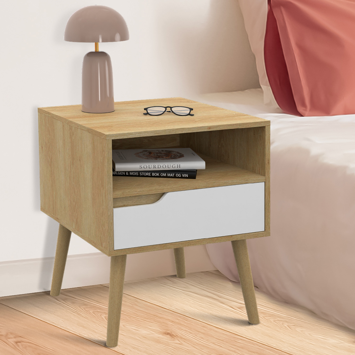 IDMarket - Juego de 2 mesillas de noche escandinavas HELSINKI de 1 cajón, efecto blanco y haya