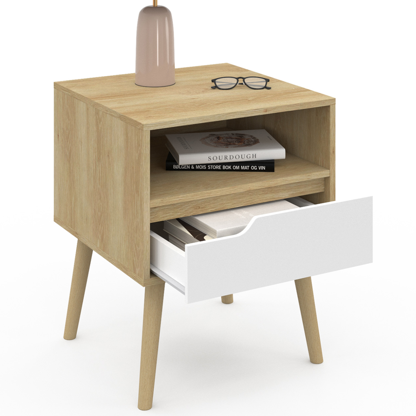 IDMarket - Juego de 2 mesillas de noche escandinavas HELSINKI de 1 cajón, efecto blanco y haya