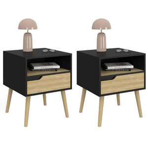 IDMarket - Juego de 2 mesillas de noche escandinavas HELSINKI de 1 cajón en negro y efecto haya