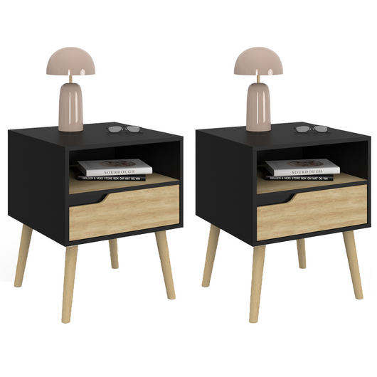 IDMarket - Juego de 2 mesillas de noche escandinavas HELSINKI de 1 cajón en negro y efecto haya