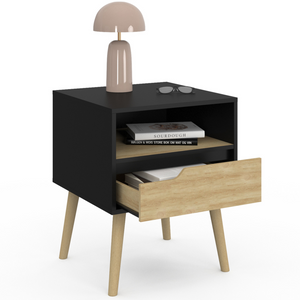 IDMarket - Juego de 2 mesillas de noche escandinavas HELSINKI de 1 cajón en negro y efecto haya