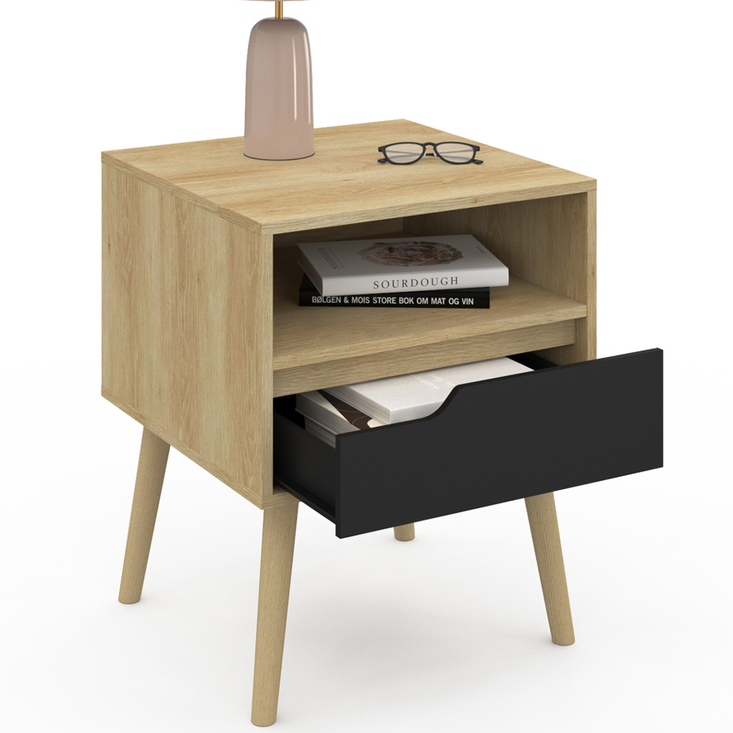 IDMarket - Juego de 2 mesillas de noche escandinavas HELSINKI de 1 cajón en negro y efecto haya