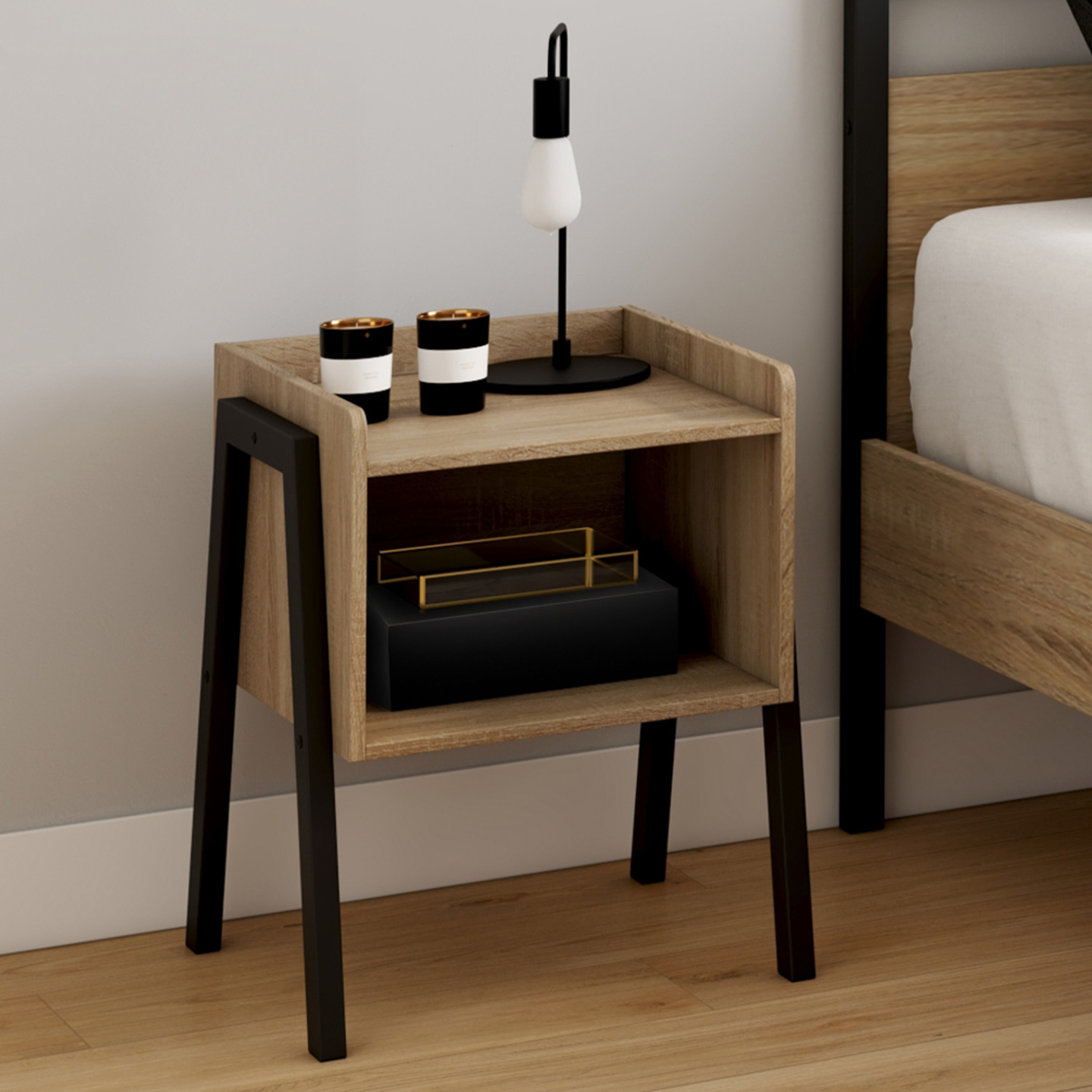 IDMarket - Juego de 2 mesitas de noche de madera NEW 1 nicho con patas de metal negro