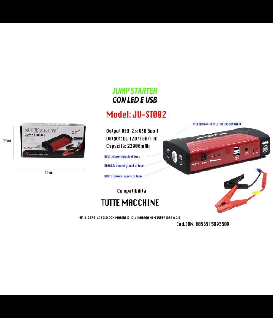 Jump Starter Portatile 2200a Avviatore Batteria Auto Moto 12v Caricabatteria Usb         