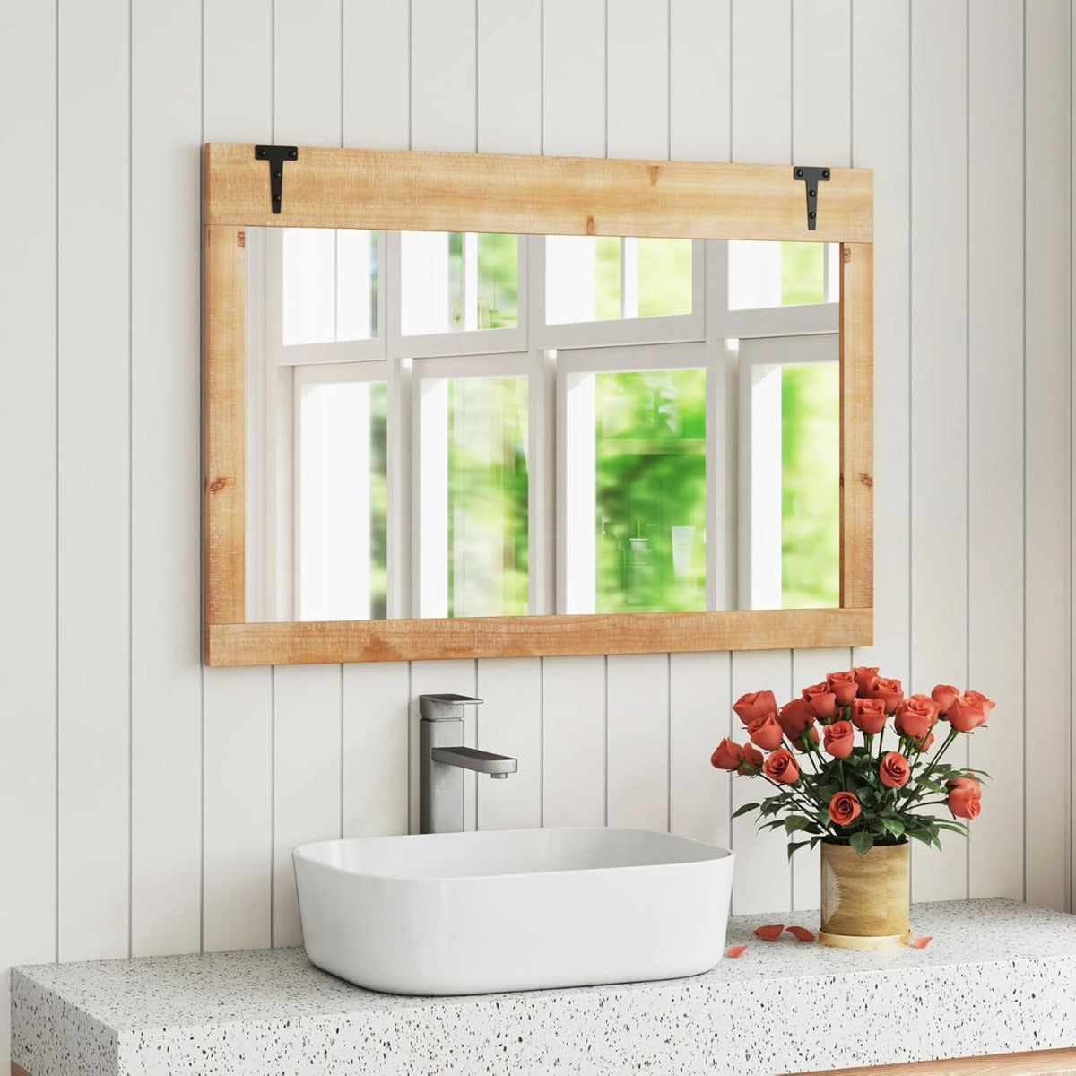 Specchio da parete con cornice in legno, Specchio stile rustico 97 x 67 cm con cornice in legno di abete Naturale-Specchi da parete