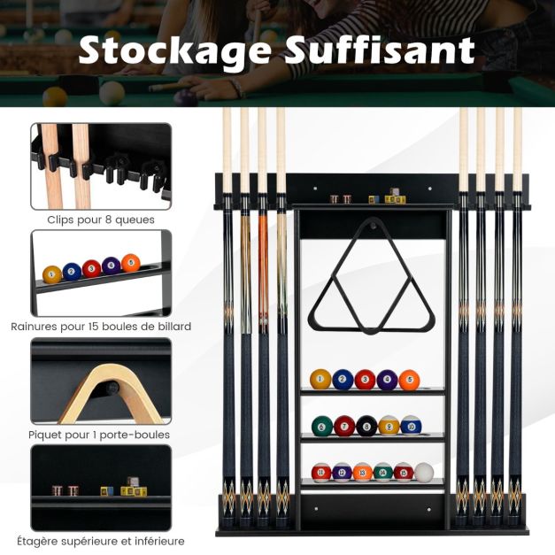 Portastecche da biliardo a parete 8 stecche e scanalature 3 livelli 15 supporti per palline 1 supporto per palline triangolari in legno per club Nero 20_0007366