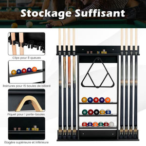 Portastecche da biliardo a parete 8 stecche e scanalature 3 livelli 15 supporti per palline 1 supporto per palline triangolari in legno per club Nero 20_0007366