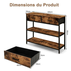 Consolle industriale 3 livelli 2 cassetti 100 x 30 x 80 cm struttura in metallo marrone rustico 20_0009413