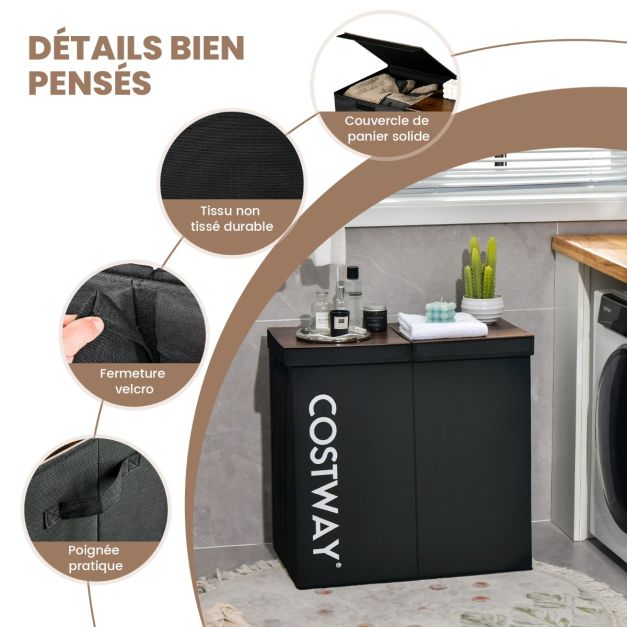 Cesto portabiancheria 2 scomparti 105 l 2 coperchi separati e 2 manici 62 x 31 x 60 cm (l x p x a) nero 20_0006330