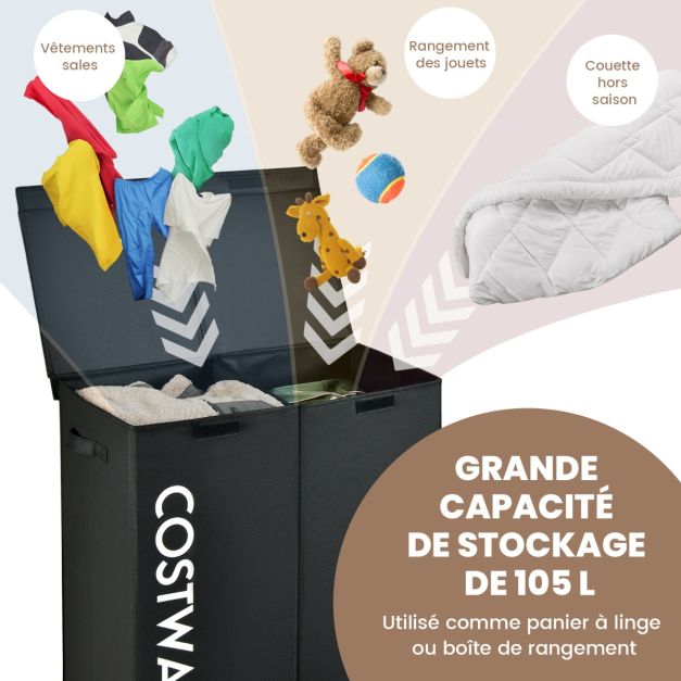 Cesto portabiancheria 2 scomparti 105 l 2 coperchi separati e 2 manici 62 x 31 x 60 cm (l x p x a) nero 20_0006330