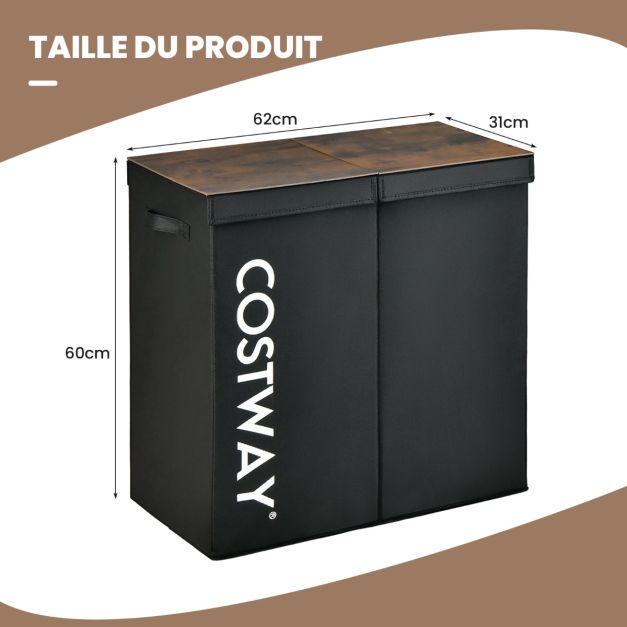 Cesto portabiancheria 2 scomparti 105 l 2 coperchi separati e 2 manici 62 x 31 x 60 cm (l x p x a) nero 20_0006330