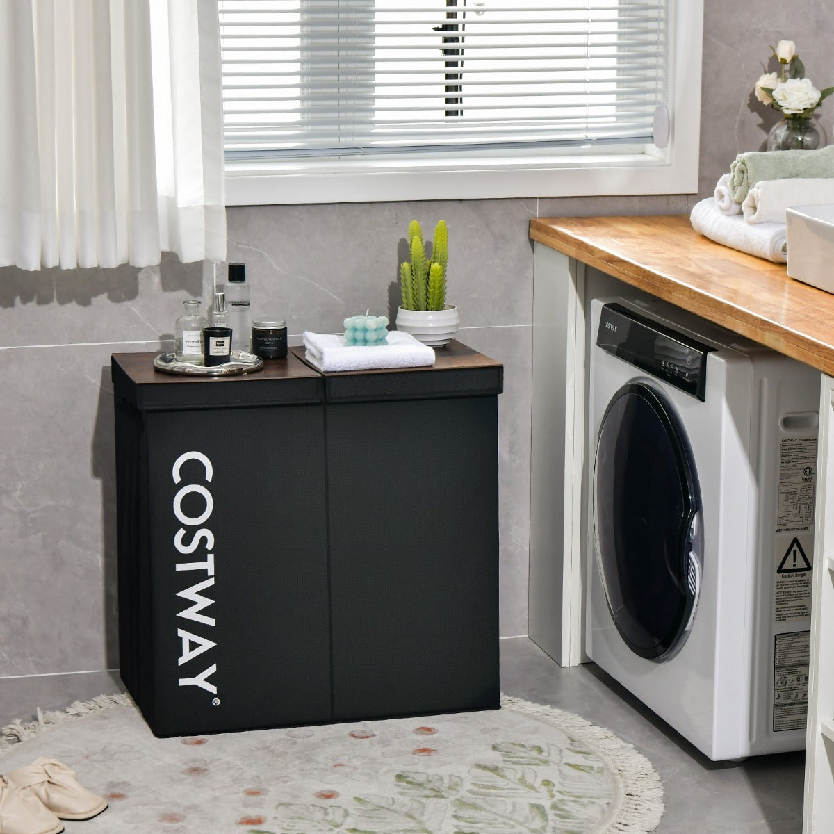 Cesto portabiancheria 2 scomparti 105 l 2 coperchi separati e 2 manici 62 x 31 x 60 cm (l x p x a) nero 20_0006330