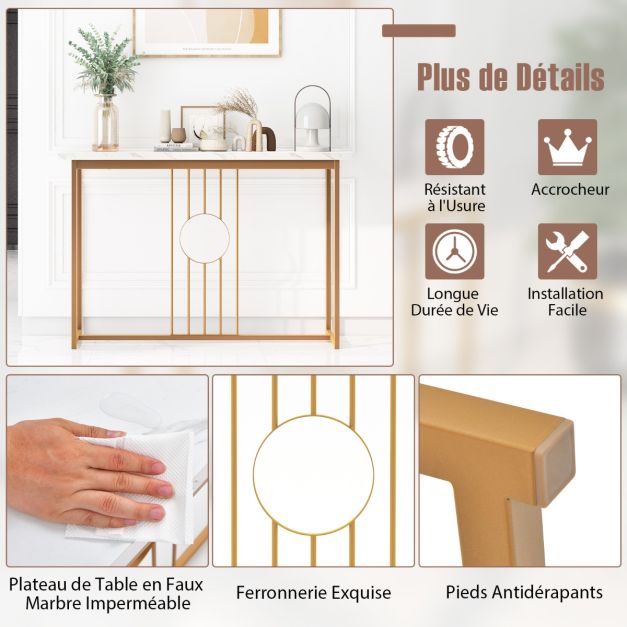 Consolle da 120 cm tavolo da ingresso moderno con piano in marmo artificiale e robusta struttura in metallo tavolo per soggiorno corridoio ingresso bianco 20_0009348