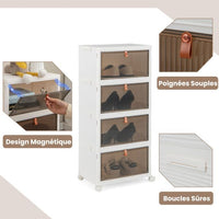 Scatola portascarpe pieghevole a 4 livelli, porte magnetiche trasparenti, ruote universali con serratura per scarpe da ginnastica, giocattoli, bianco 20_0006508