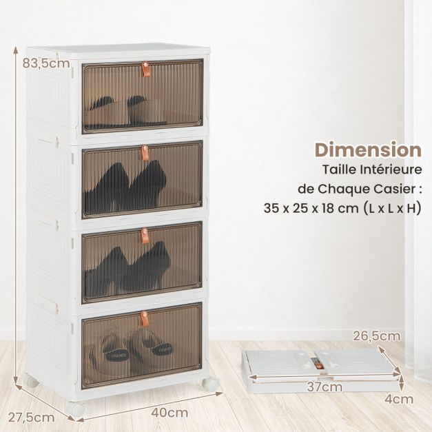 Scatola portascarpe pieghevole a 4 livelli, porte magnetiche trasparenti, ruote universali con serratura per scarpe da ginnastica, giocattoli, bianco 20_0006508