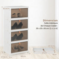Scatola portascarpe pieghevole a 4 livelli, porte magnetiche trasparenti, ruote universali con serratura per scarpe da ginnastica, giocattoli, bianco 20_0006508
