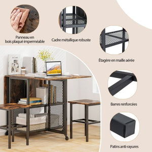 Set tavolo da pranzo pieghevole 3 pezzi con 2 sgabelli con rotelle bloccabili 2 ripiani portaoggetti a reticolo per ufficio 20_0008505