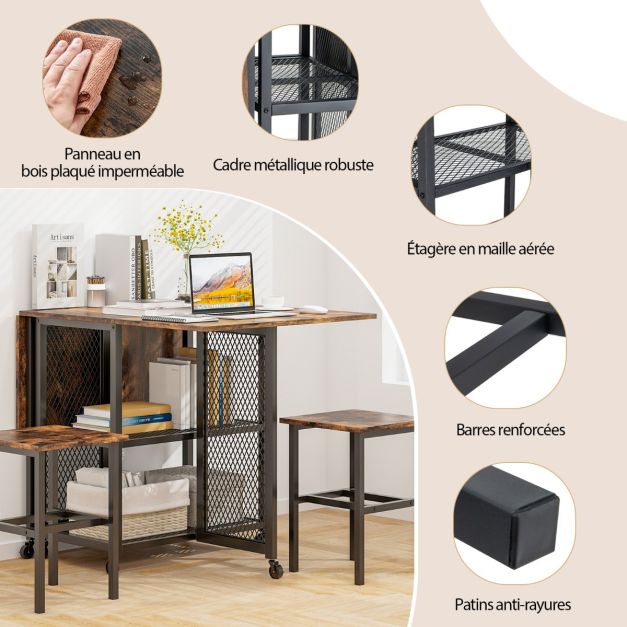 Set tavolo da pranzo pieghevole 3 pezzi con 2 sgabelli con rotelle bloccabili 2 ripiani portaoggetti a reticolo per ufficio 20_0008505