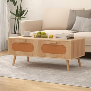 Tavolino da caff¨¨ in rattan stile met¨¤ secolo, Tavolino rettangolare con doppio cassetto e scomparto posteriore-Tavolini da salotto