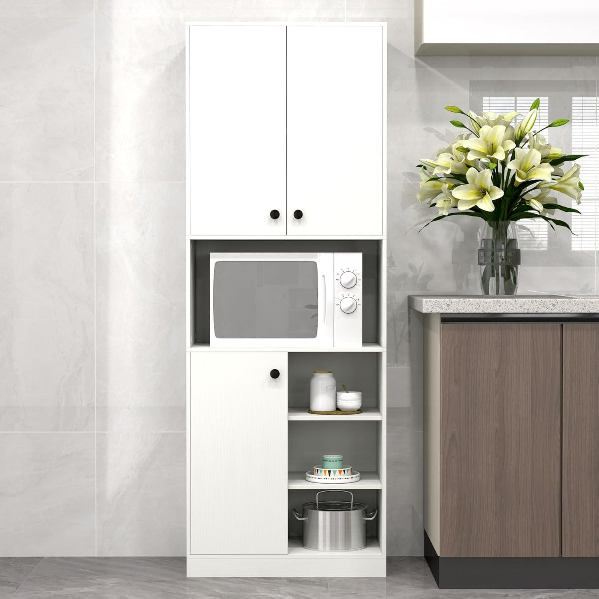 Mobile cucina dispensa con 2 armadietti e 3 ante-Credenza alta per cucina con 4 ripiani aperti Bianco