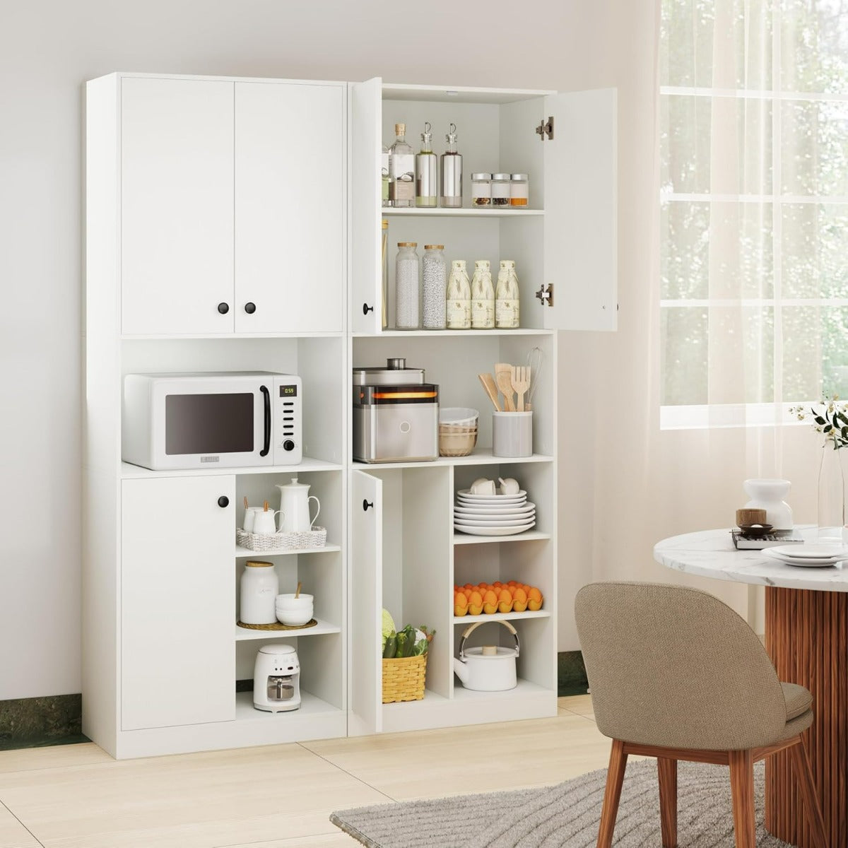 Mobile cucina dispensa con 2 armadietti e 3 ante-Credenza alta per cucina con 4 ripiani aperti Bianco