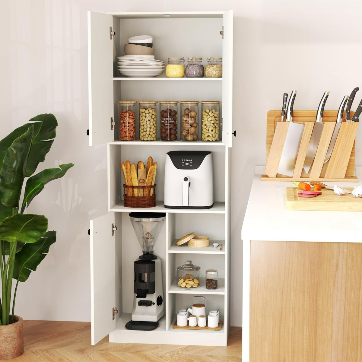 Mobile cucina dispensa con 2 armadietti e 3 ante-Credenza alta per cucina con 4 ripiani aperti Bianco